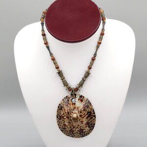 Boho Brown Speckled Limpet Shell Pendant Necklace Metal & Glass Beads 14"